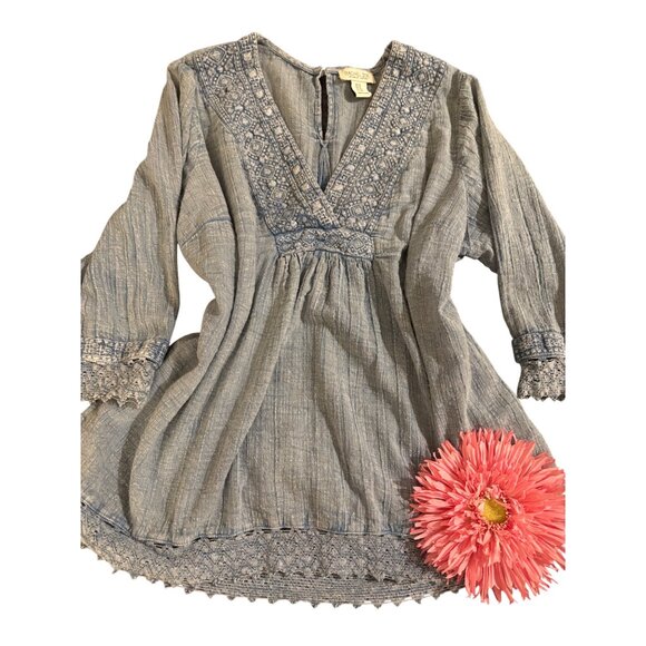 Rachel Zoe Womens 1X Boho Tunic Top Blue Embroidered Crochet Lace V-Neck - Picture 2 of 10